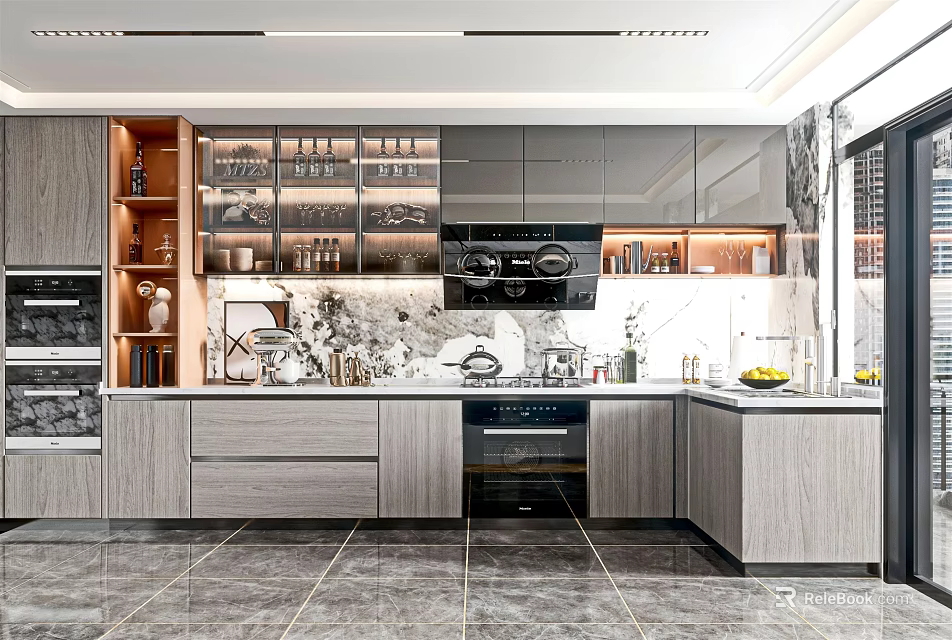 Modern Kitchen Interior With Gray Cabinets Marble Backsplash And Island Counter 3d model 