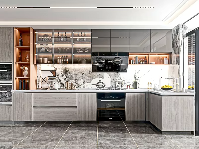 Modern Kitchen Interior With Gray Cabinets Marble Backsplash And Island Counter 3d model