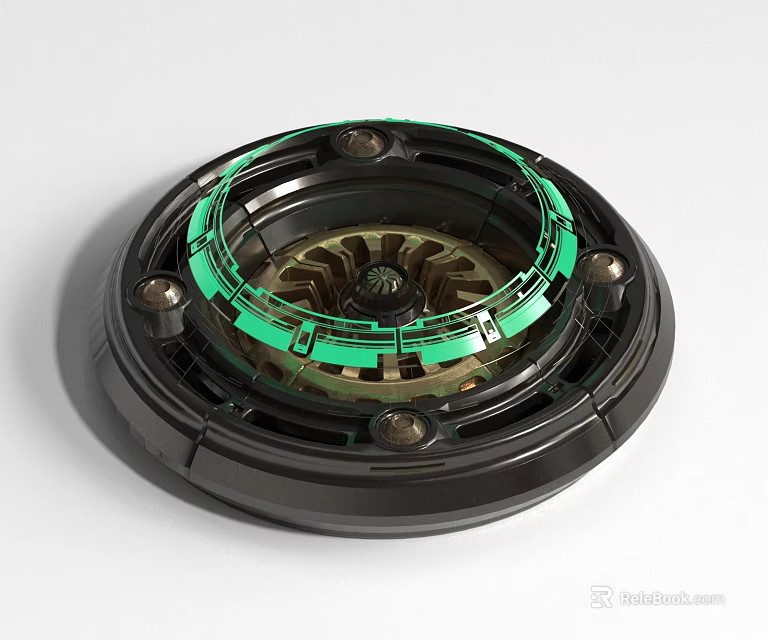 Black Circular Precision Mechanical Device With Green Ring And Metal Screws 3d model 