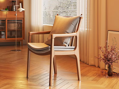 Accent Chair with Wooden Frame and Neutral Cushion on Wooden Floor with Curtain and Vase 3d model