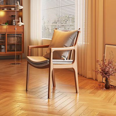 Accent Chair with Wooden Frame and Neutral Cushion on Wooden Floor with Curtain and Vase 3d model