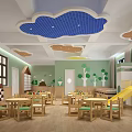 Kindergarten Interior With Cloud Shaped Ceiling Light Green Walls Tree Patterns Tables Chairs And Slide 3d model