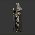 Man In Medieval Metallic Armor Standing With Cloak And Sword