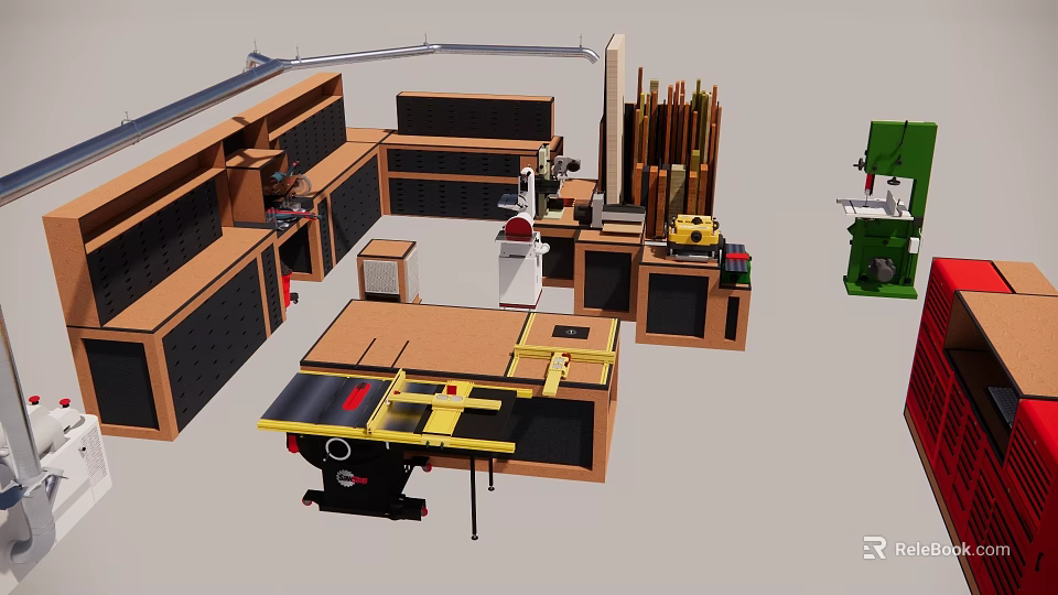 Industrial Woodworking Equipment Workshop Featuring Table Saw Workbench Storage Cabinets And Wood Materials 3d model 