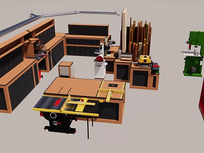 Industrial Woodworking Equipment Workshop Featuring Table Saw Workbench Storage Cabinets And Wood Materials 3d model