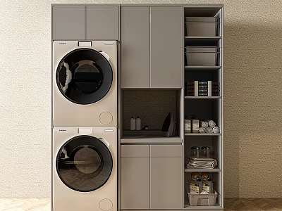 Modern Bathroom Cabinet Rack With Stacked Washing Machines Sink And Storage Shelves 3d model