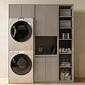 Modern Bathroom Cabinet Rack With Stacked Washing Machines Sink And Storage Shelves