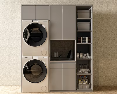 Modern Bathroom Cabinet Rack With Stacked Washing Machines Sink And Storage Shelves 3d model