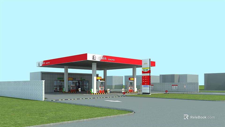 Petro Energy Gas Station Featuring Red Canopy Fuel Pumps Road And Grass Area 3d model 
