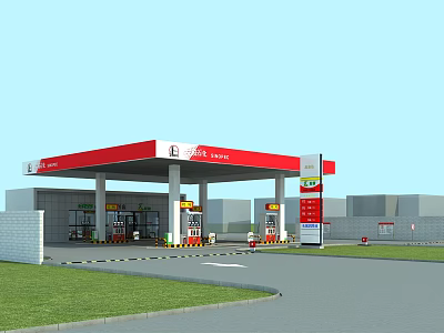 Petro Energy Gas Station Featuring Red Canopy Fuel Pumps Road And Grass Area 3d model