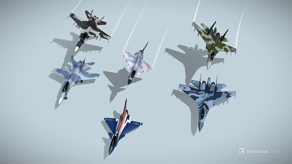Various Colored Fighter Jets Flying in the Sky With Different Models and Contrails 3d model 