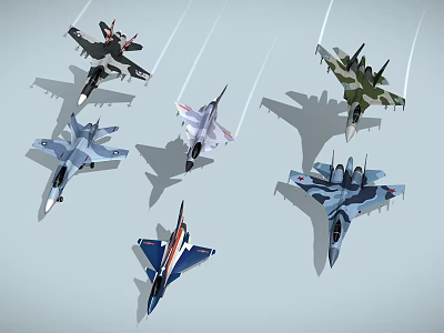Various Colored Fighter Jets Flying in the Sky With Different Models and Contrails 3d model