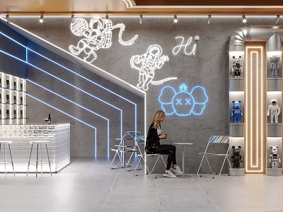 Modern Background Wall With Neon Monkey Astronaut Design Hi Lettering And Blue X Pattern 3d model