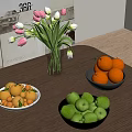 Fresh Green Apples Oranges Tangerines in Bowls on Wooden Table with Green Vase White Tulips