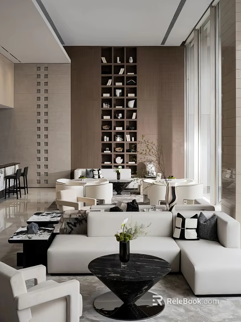 Modern Leisure Area Interior Design With Sofas White Chairs Bookshelf Green Plants And Coffee Tables 3d model 