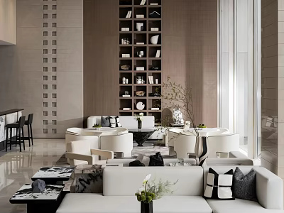 Modern Leisure Area Interior Design With Sofas White Chairs Bookshelf Green Plants And Coffee Tables 3d model