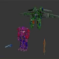 Robot Characters Featuring Red Blue Figure And Aircraft Robot With Sword And Gun