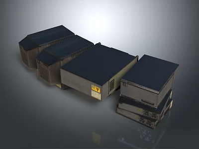 Industrial Machinery Units Stacked And Arranged With Dark Gray Exteriors And Yellow Warning Labels 3d model