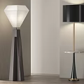 Modern Floor Lamps With Geometric Base White Shade Black Fabric Tray Table And Gold Accents
