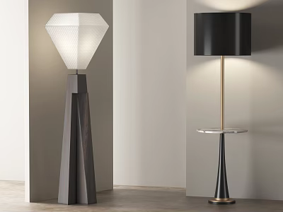 Modern Floor Lamps With Geometric Base White Shade Black Fabric Tray Table And Gold Accents 3d model