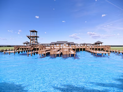 Scenic Waterfront Area With Wooden Pier Observation Tower Pavilions And Clear Blue Sky 3d model
