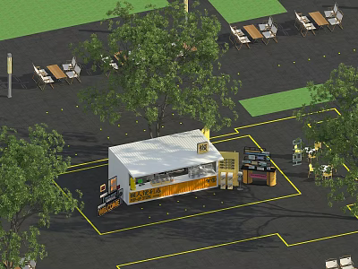 Container Building Coffee Shop Design Outdoor Seating Area With Trees And Signboards 3d model