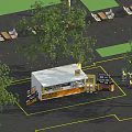 Container Building Coffee Shop Design Outdoor Seating Area With Trees And Signboards