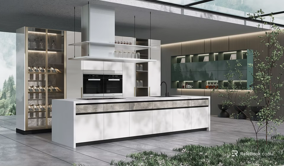 Modern Open Concept Kitchen Interior Design With Island Countertop And White Cabinets 3d model 