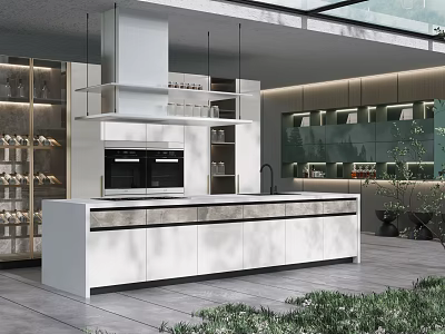Modern Open Concept Kitchen Interior Design With Island Countertop And White Cabinets 3d model
