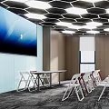 Modern Conference Room Interior With Hexagonal Ceiling Lighting Folding Chairs And Tables