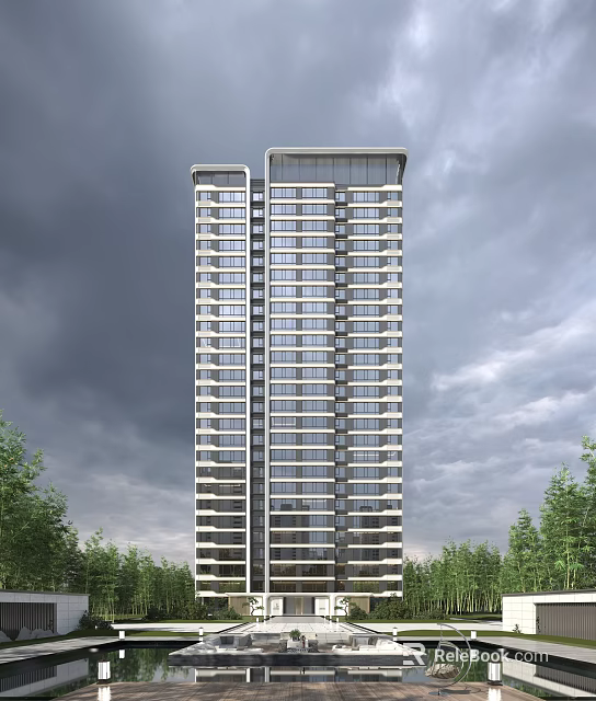 Modern High Rise Residential Building Exterior With Trees Under Cloudy Sky 3d model 