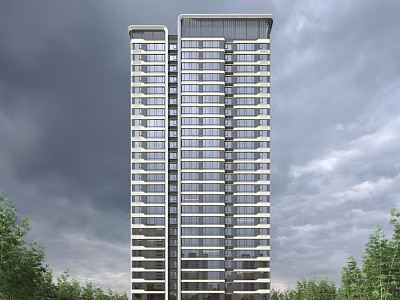 Modern High Rise Residential Building Exterior With Trees Under Cloudy Sky 3d model