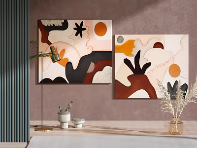 Abstract Paintings Featuring Orange Black Brown Beige Colors Geometric And Organic Shapes For Interior Decor 3d model