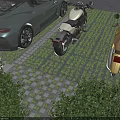 Efficient Parking Lot With Sports Car Motorcycle Scooter On Grid Patterned Pavement And Surrounding Bushes