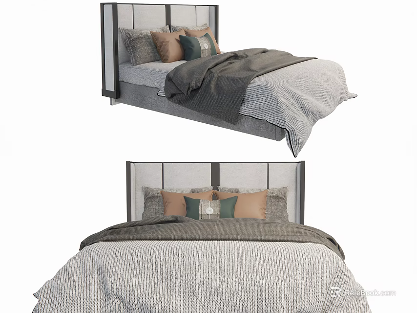 Modern Double Bed With Metal Frame Headboard Striped Bedspread Gray Blanket And Pillows 3d model
