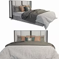 Modern Double Bed With Metal Frame Headboard Striped Bedspread Gray Blanket And Pillows 3d model