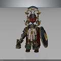 Mythical Character In Elaborate Blue Gold Armor With Ornate Headdress Red Mask Shield And Lantern