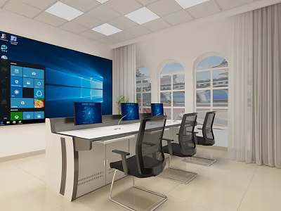 Monitoring Room Interior Design With Large Screen Monitor Computers Control Desk And Chairs 3d model