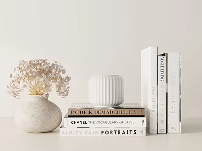 Minimalist Decorative Ornaments Arrangement With White Vase Dried Flowers Stacked Books And Cylindrical Figurine 3d model