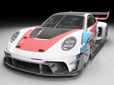 White Red Blue Striped Sports Car With Large Rear Wing And Sporty Aerodynamic Design 3d model