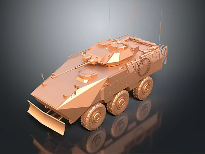 Armored Military Vehicle With Six Wheels Front Plow And Antennas Design 3d model