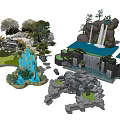 Exquisite Garden Ornaments With Rock Formations Waterfalls Green Plants And Stone Steps