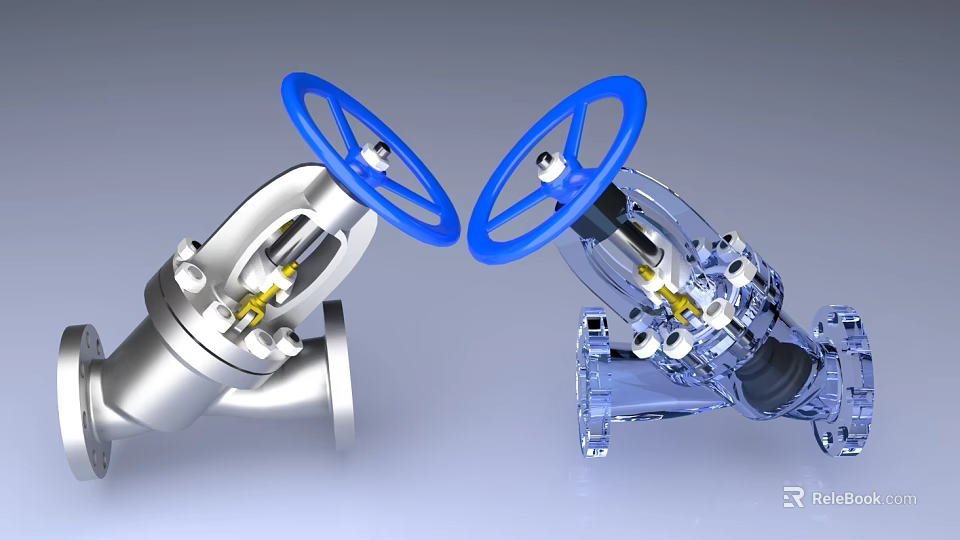 Industrial Pipeline Valves With Blue Handwheels Metal Structure And Transparent Components 3d model 