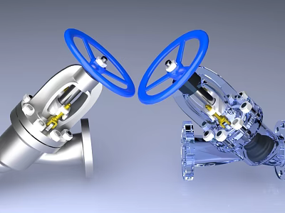 Industrial Pipeline Valves With Blue Handwheels Metal Structure And Transparent Components 3d model