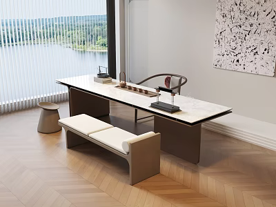 Modern Tea Table And Chairs With Marble Top Bench Lake View Window And Wooden Floor 3d model