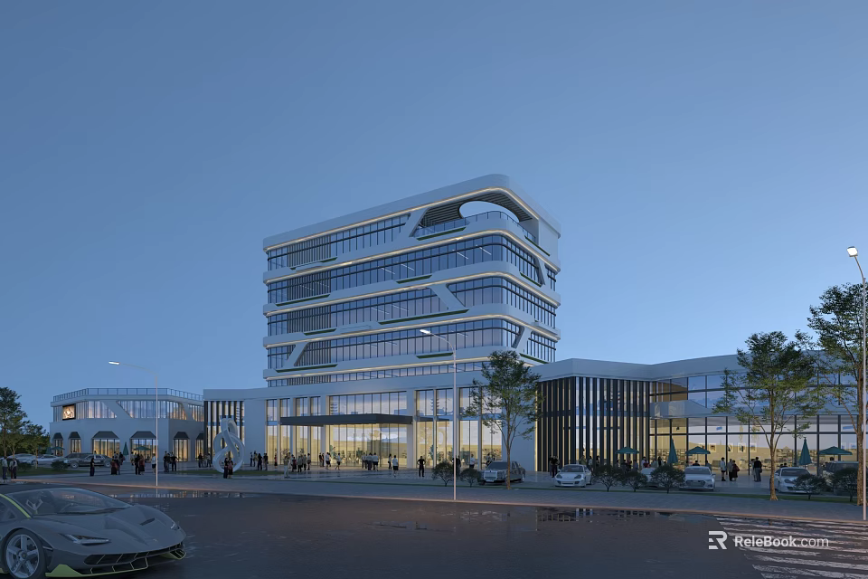 Modern Office Building Exterior With Glass Curtain Wall Unique Structure Plaza Trees And Evening Sky 3d model 