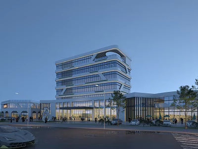 Modern Office Building Exterior With Glass Curtain Wall Unique Structure Plaza Trees And Evening Sky 3d model