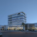 Modern Office Building Exterior With Glass Curtain Wall Unique Structure Plaza Trees And Evening Sky