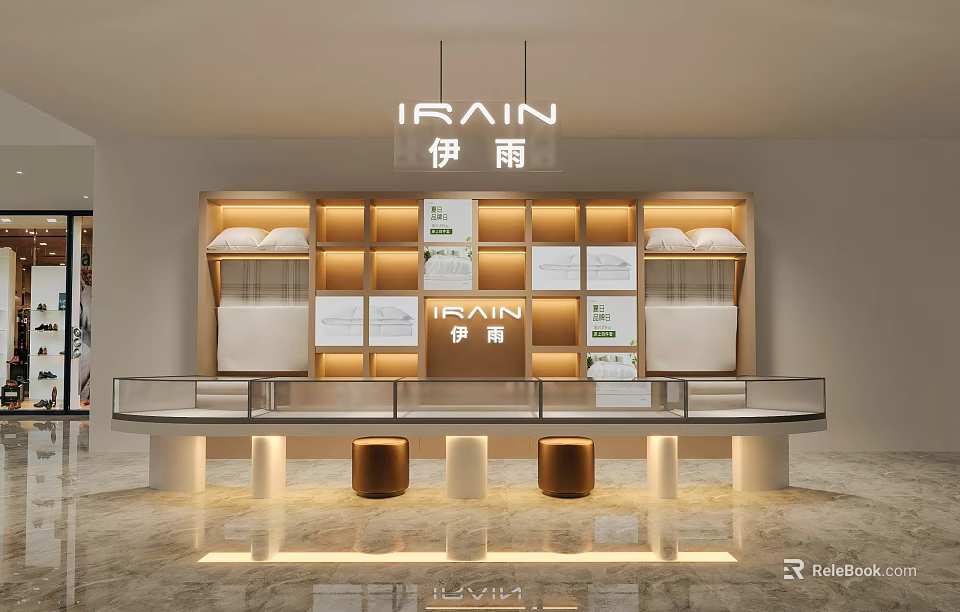 IRAIN Brand Retail Store Modern Elegant Bedding Display With Shelves Counter And Lighting 3d model 