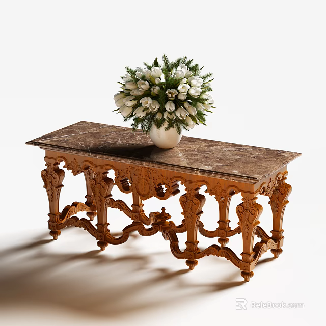 Carved Wooden Console Table With Marble Top And White Flower Vase Arrangement 3d model 
